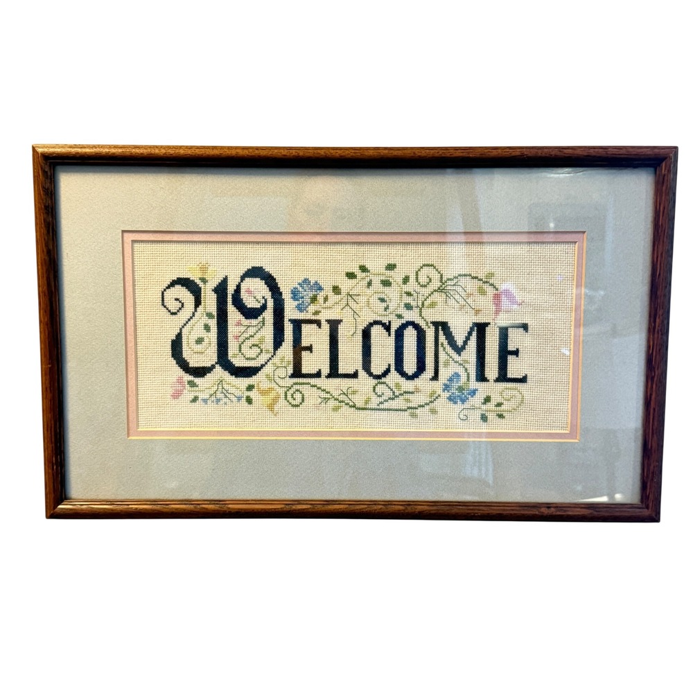 Vintage Framed Needlepoint "WELCOME" Sampler Floral Vine 20x12 Cottage Decor - Picture 16 of 16